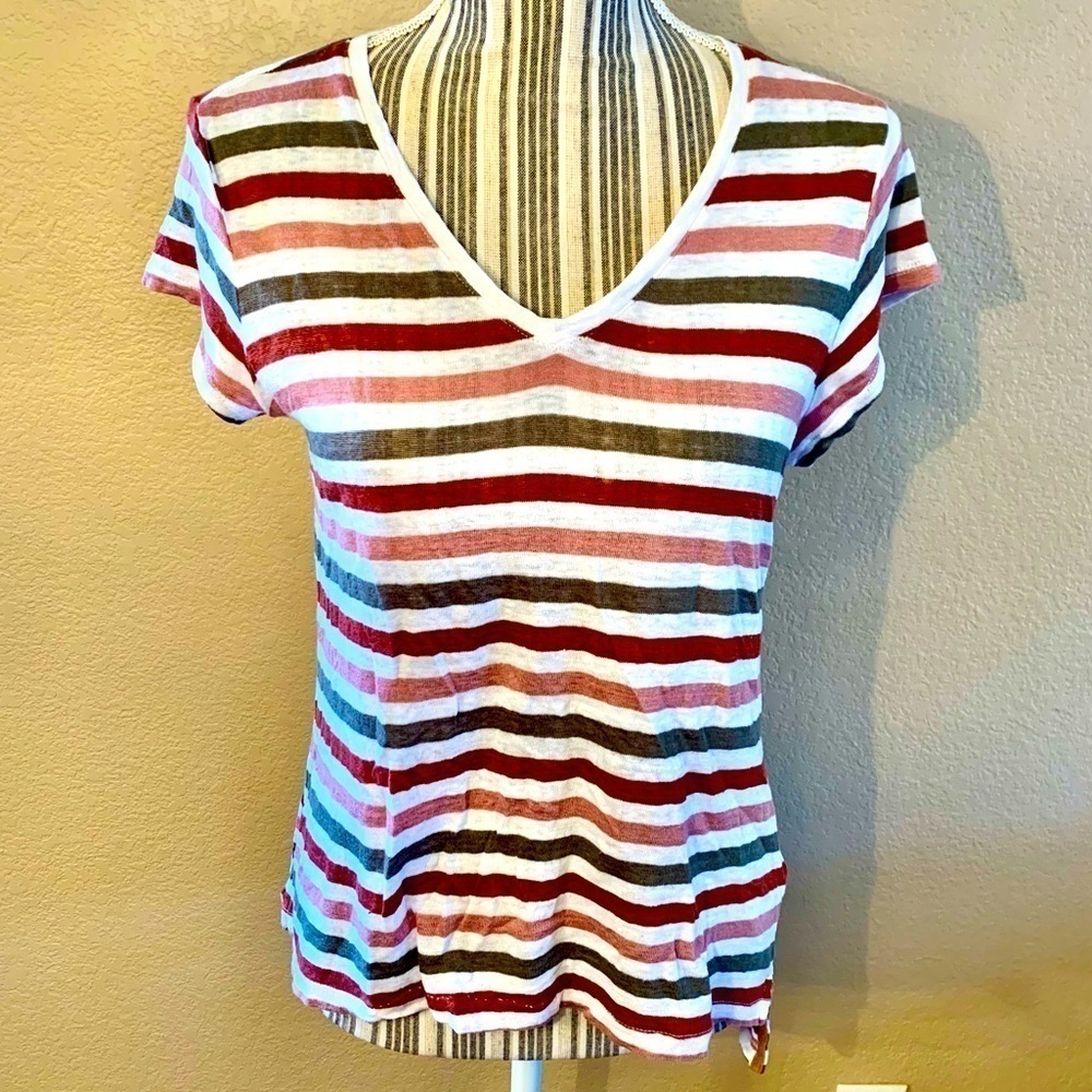 Linen Tee Medium White VNeck Striped Olive Salmon Rust Short Slv 100% Linen FLAW